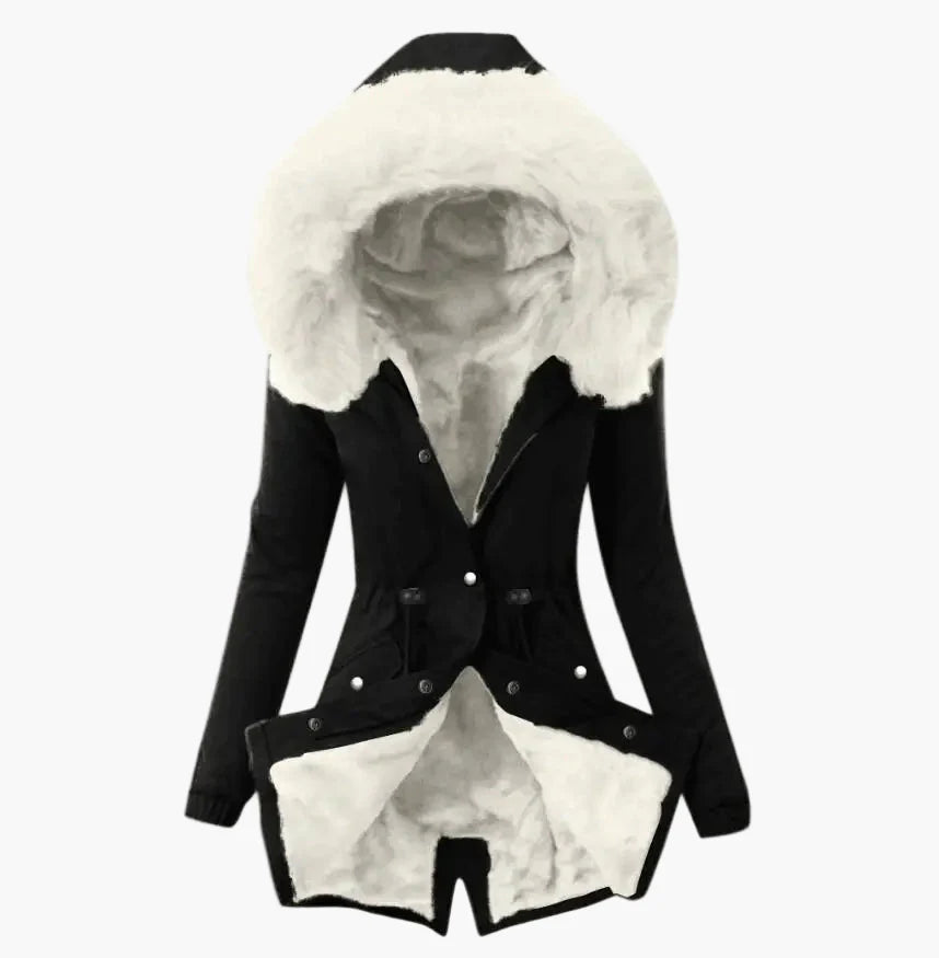 Damen Wintermantel mit Kapuze und Kunstfell-Futter – Eleganter, warmer Parka für kalte Tage