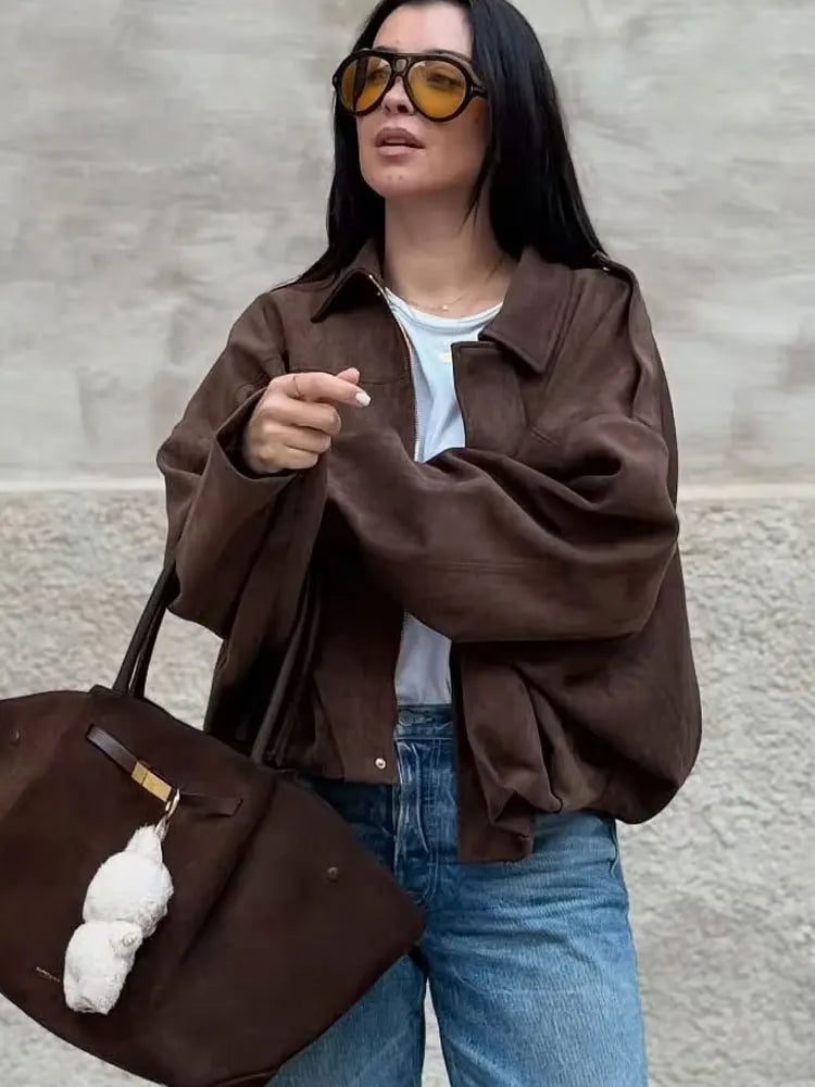 Damen Kurzjacke Oversize Cropped mit Kragen Braun