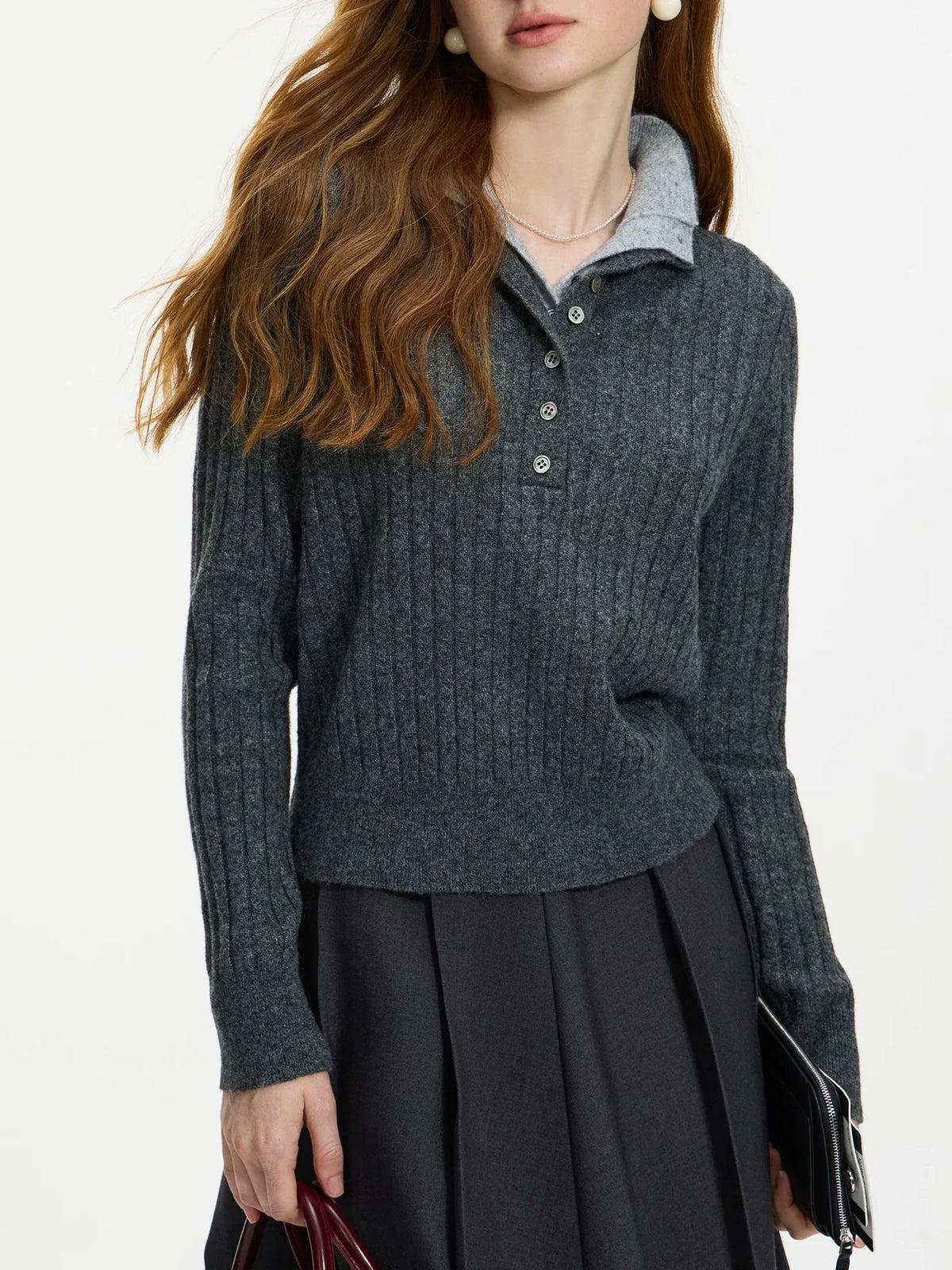 Gerippter Damen Pullover mit Polokragen Langarm Strickpullover