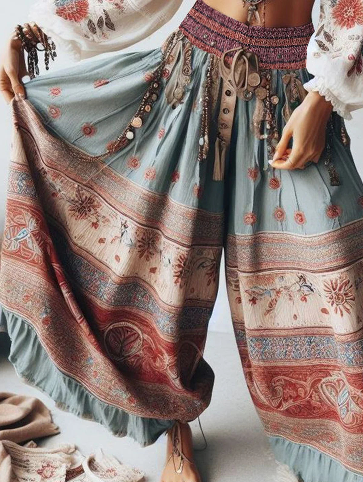 Damen Hippie Hose Boho Stil Weites Bein mit Paisley & Blumenmuster Türkis Rot