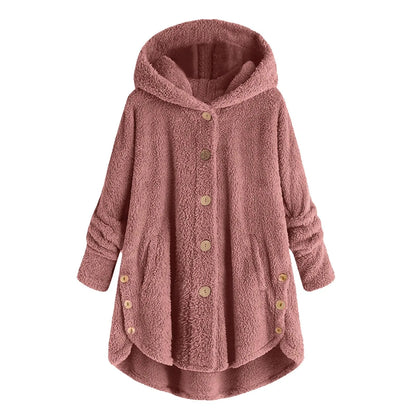 Damen Kuschelige Kapuzenjacke aus Fleece mit Holzknöpfen