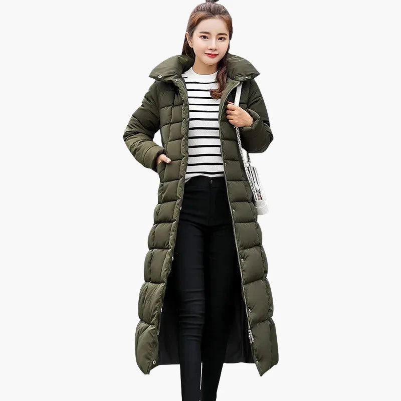 Damen Winter Steppmantel mit Kapuze und Fellkragen – Eleganter langer Mantel für Alltag & Freizeit, Koreanischer Stil