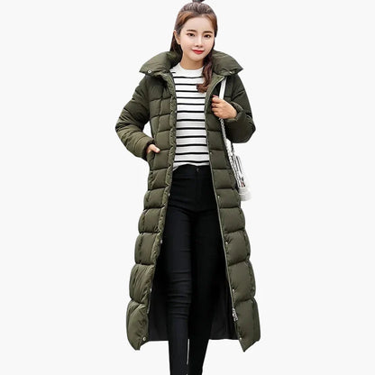 Damen Winter Steppmantel mit Kapuze und Fellkragen – Eleganter langer Mantel für Alltag & Freizeit, Koreanischer Stil