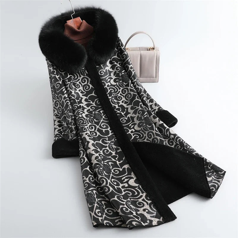 Damen Mantel mit Pelzkragen, gemustert, lang, warmer Winterparka