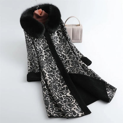 Damen Mantel mit Pelzkragen, gemustert, lang, warmer Winterparka