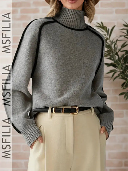 Damen Rollkragenpullover mit Kontrastbesatz