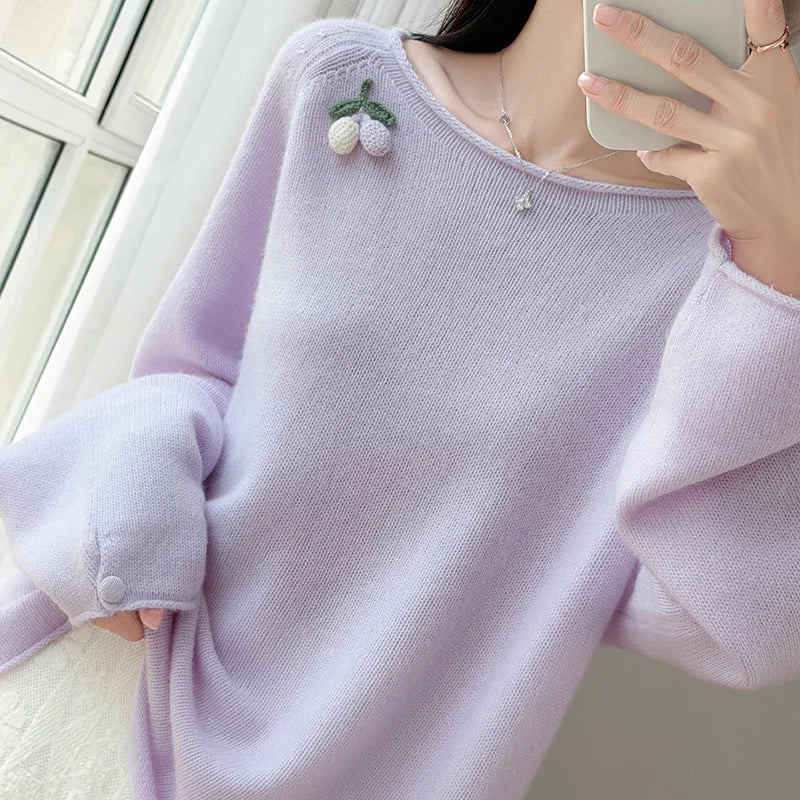 Damen Pullover Langarm Rundhals mit Beeren-Applikation