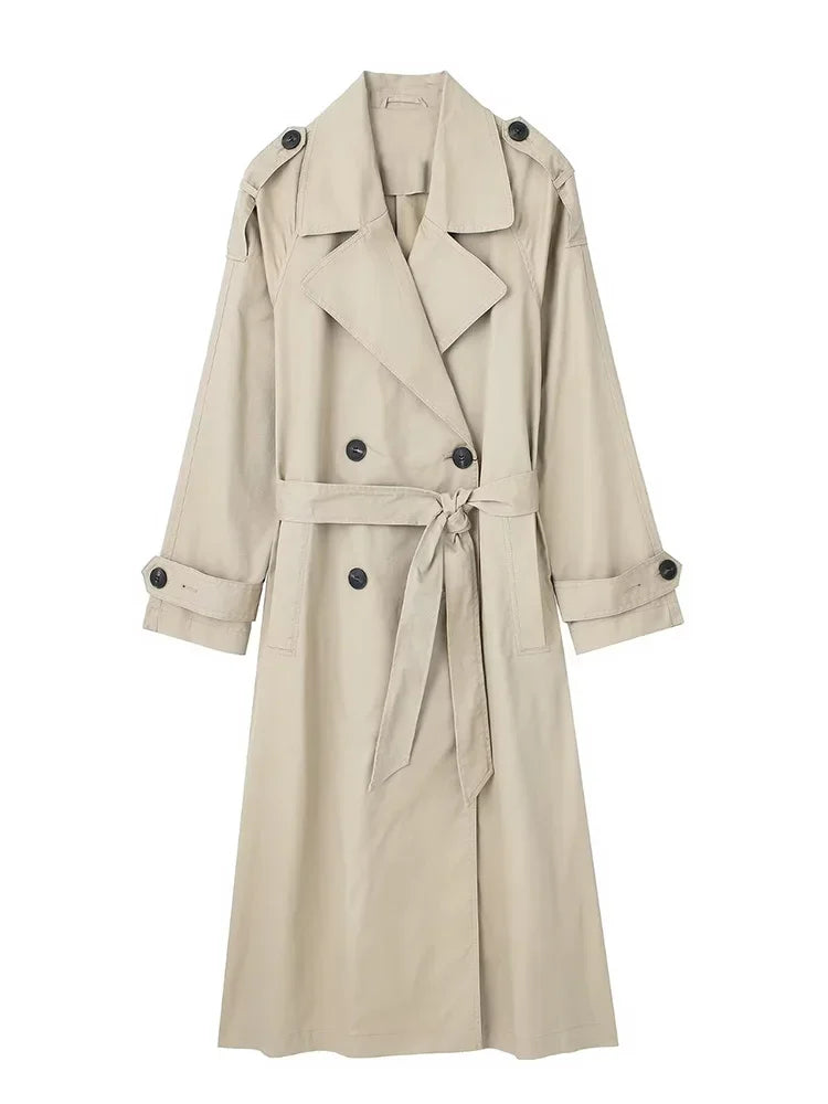 Damen Trenchcoat Lang mit Gürtel Zweireihig Khaki/Grün