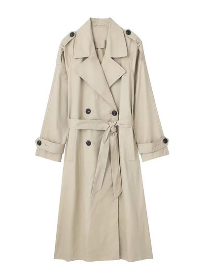 Damen Trenchcoat Lang mit Gürtel Zweireihig Khaki/Grün