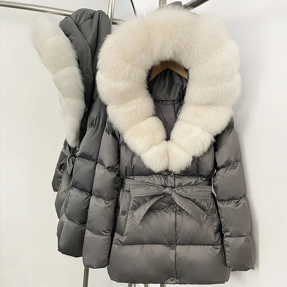 Damen Winter Steppjacke mit Kunstpelzkragen und Gürtel