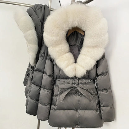Damen Winter Steppjacke mit Kunstpelzkragen und Gürtel