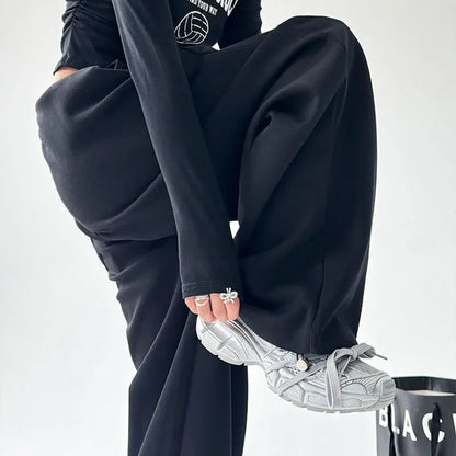 Weite Freizeithose für Damen, hoher Bund, Grau meliert