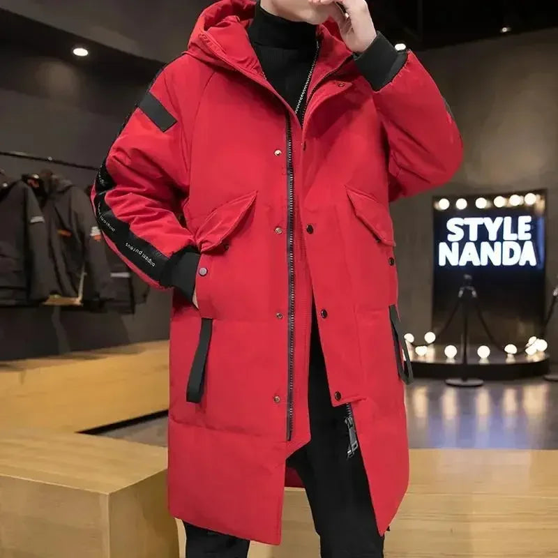 Herren Winter Steppmantel Lang mit Kapuze und Reißverschluss