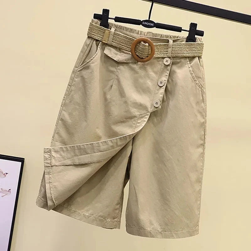 Damen Culottes Shorts mit Wickel-Optik und Gürtel, Knopfleiste, hoher Bund