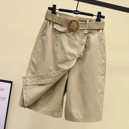 Damen Culottes Shorts mit Wickel-Optik und Gürtel, Knopfleiste, hoher Bund