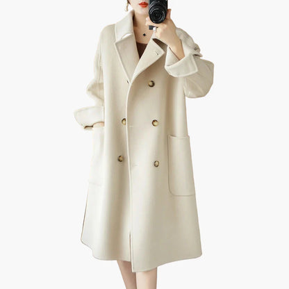 Damen Eleganter Wollmantel – Klassischer Doppelreiher Mantel für Herbst und Winter