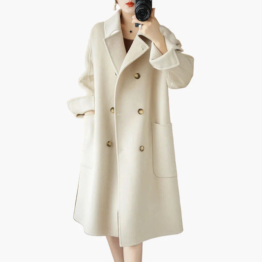 Damen Eleganter Wollmantel – Klassischer Doppelreiher Mantel für Herbst und Winter