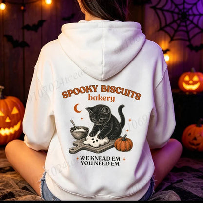 Unisex Hoodie mit „Spooky Biscuits Bakery“ Katze Print und Kängurutasche