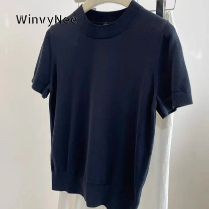 Kurzarm Rundhals Stricktop Damen Gerippter Saum
