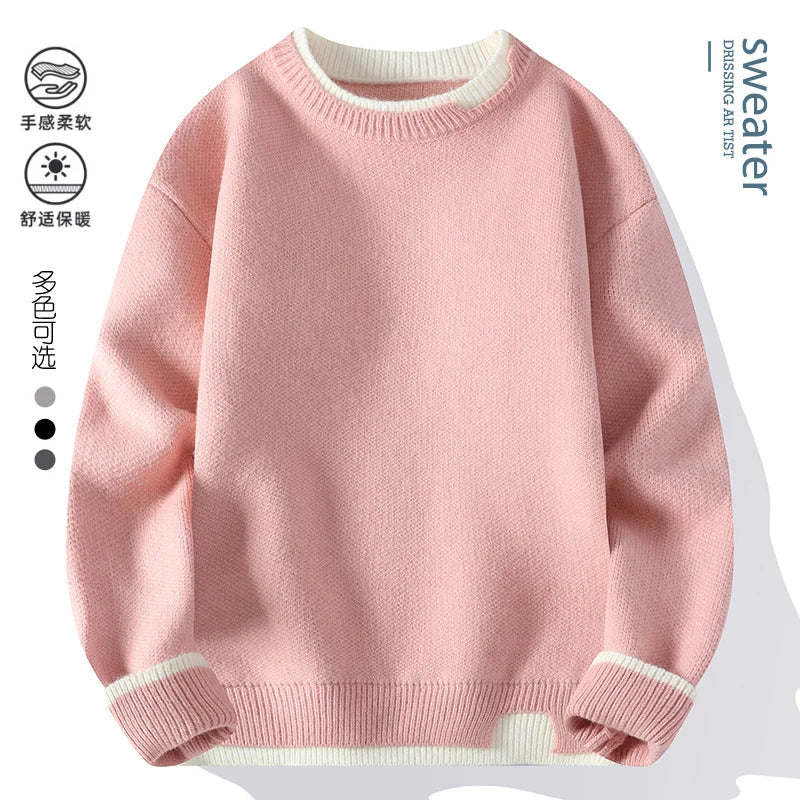 Unisex Strickpullover Rundhals mit zweifarbigen Rippbündchen Rosa