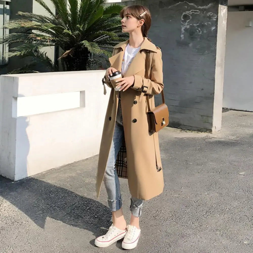 Damen Trenchcoat Lang Zweireihig Mit Gürtel und Reverskragen