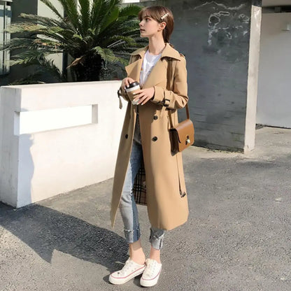 Damen Trenchcoat Lang Zweireihig Mit Gürtel und Reverskragen