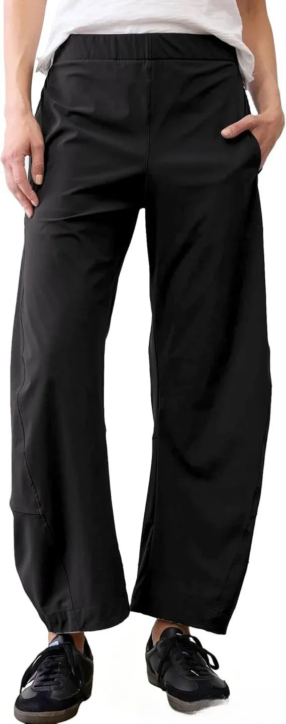 Damen Freizeithose Weites Bein Elastischer Bund Bequeme Stoffhose