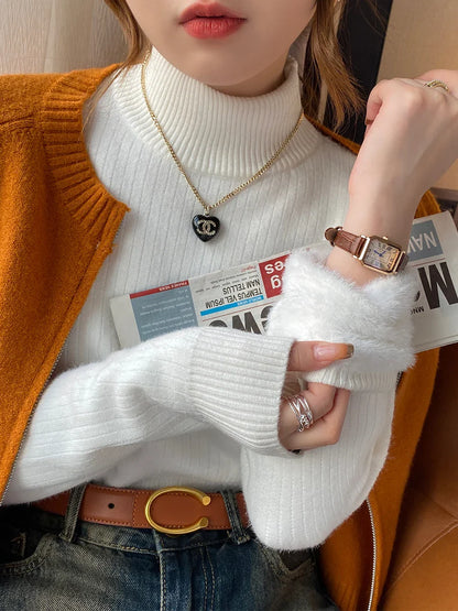 Damen Crop Rollkragenpullover mit weichem Fleece-Bund – Modischer Winter Strickpullover