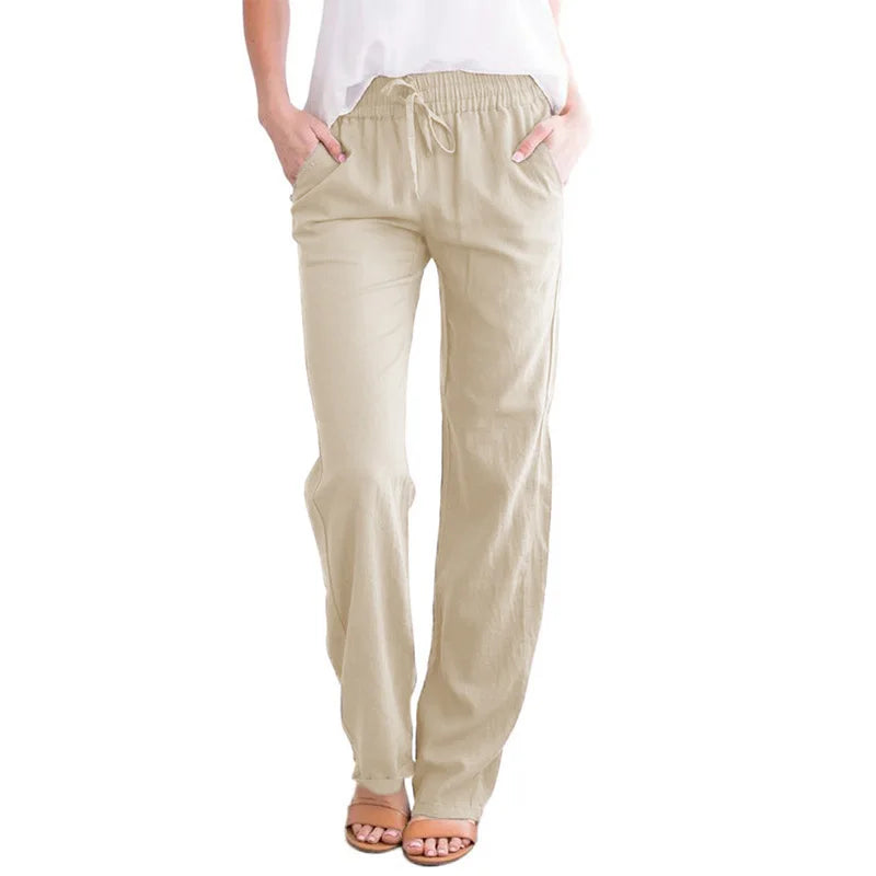 Damen Freizeithose mit weitem Bein und Kordelzug, Leinen-Look, Elastischer Bund