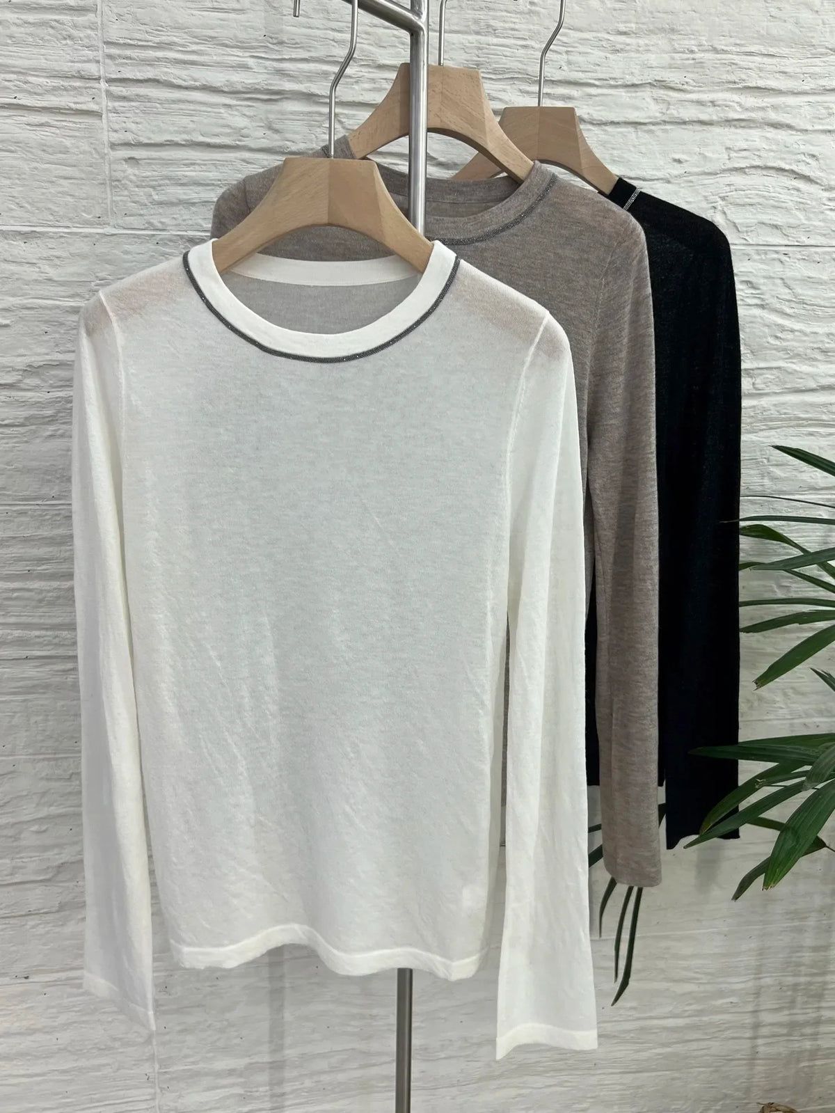 Langarmshirt Damen Rundhals Feinstrickshirt mit Kontrastdetails