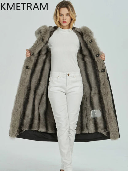 Damen Winterparka lang Schwarz mit Kapuze und Kunstfellbesatz