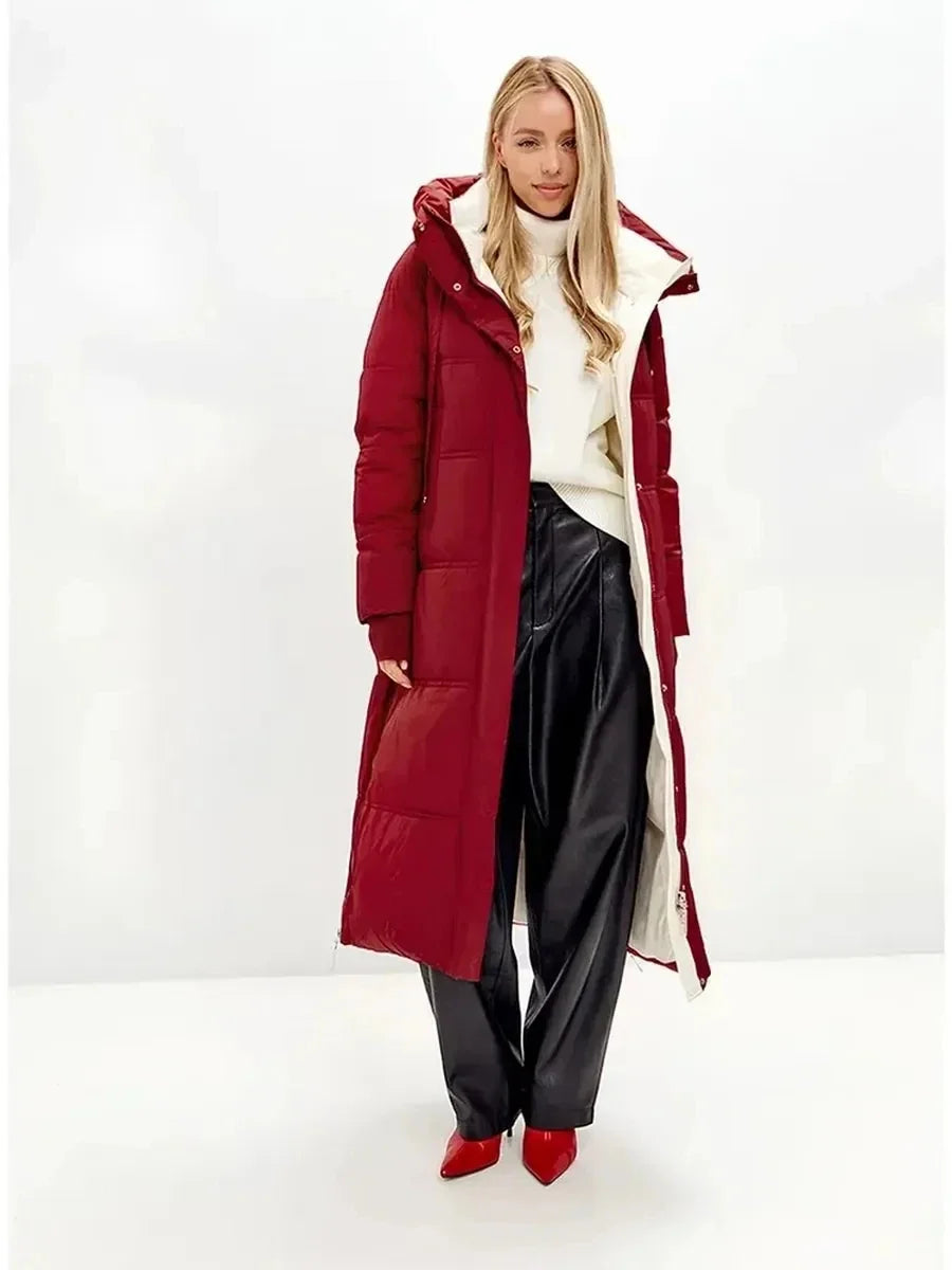 Damen Long Puffer Mantel mit Kapuze und Reißverschluss Rot