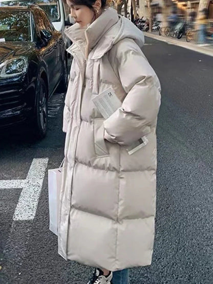 Langer Steppmantel Damen mit Kapuze Winter Warm Gefütterte Daunenjacke Winddicht