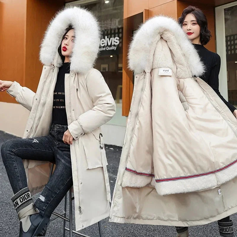 Damen Winterparka mit Kunstfellkapuze Lang Mantel Steppjacke Kordelzug