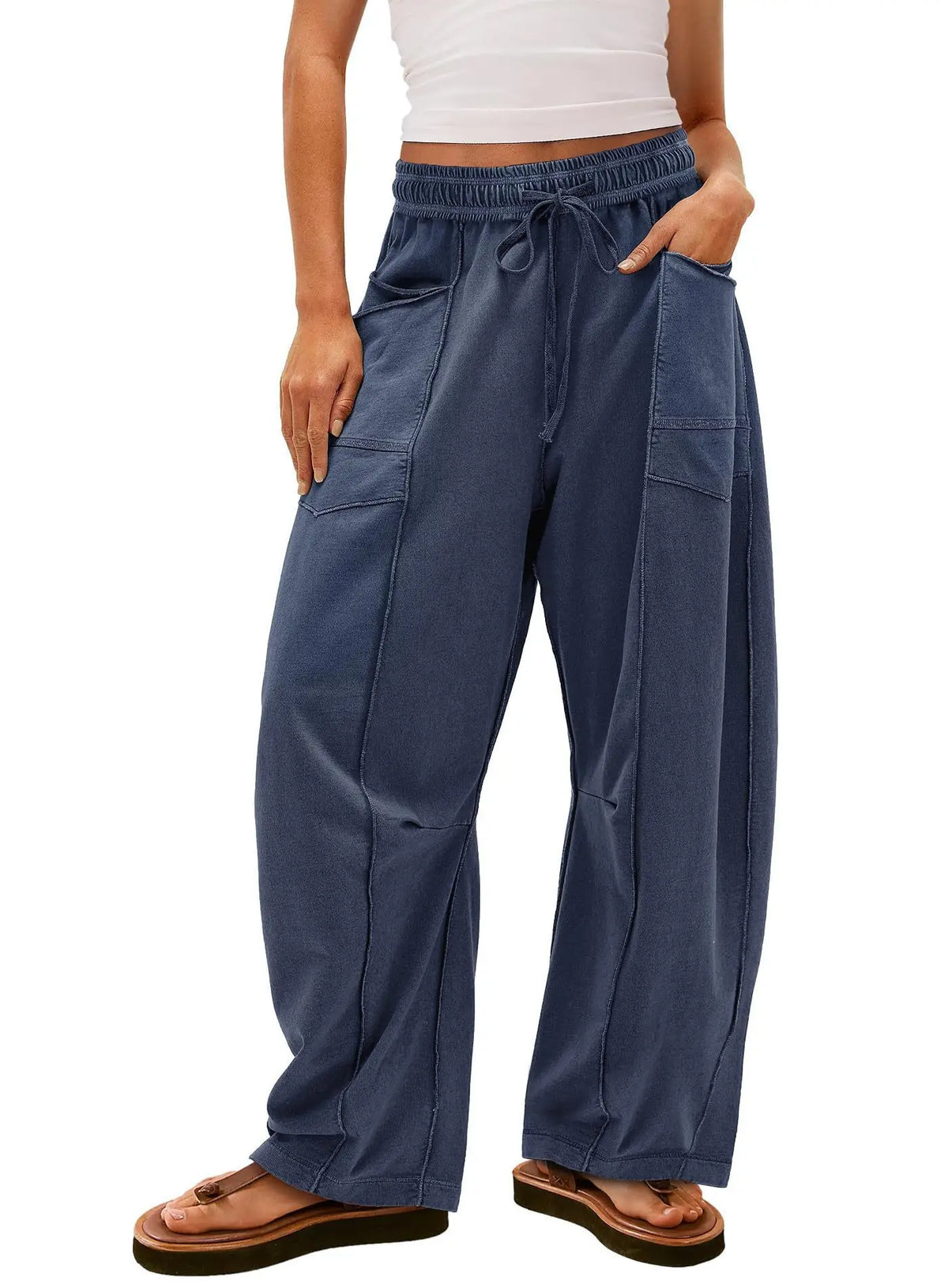 Damen Freizeithose Braun Weites Bein Elastischer Bund Kordelzug