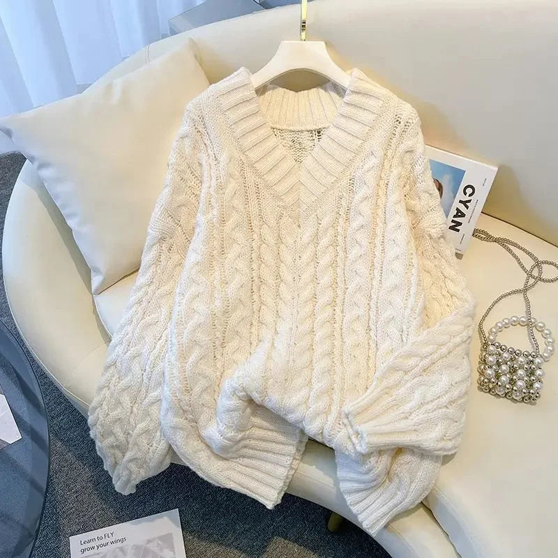 Damen Grobstrick Pullover mit Zopfmuster und V-Ausschnitt – Winter Must-Have, Lässiger Stil, Ideal für Alltag und Layering
