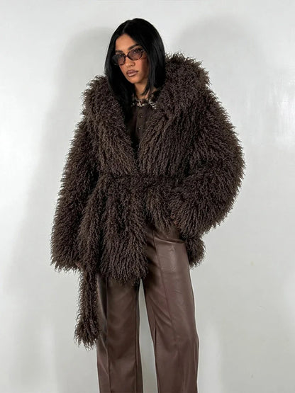 Damen Shaggy Kunstfell Jacke mit Kapuze und Bindegürtel, Langärmelig, Kurz geschnitten