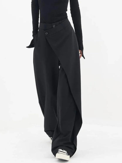 Schwarze Hose mit Wickeldesign, weitem Bein und Knopfverschluss