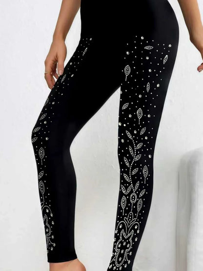 Schwarze Leggings mit Strass-Verzierung, hoher Bund