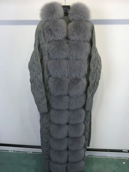 Damen Strickmantel Lang mit Kunstfellbesatz Zopfmuster Kapuze Winter