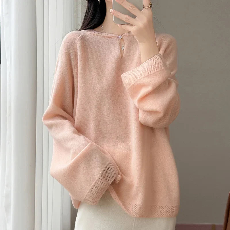 Damen Pullover Langarm Rundhals mit Lochdetails Hellrosa