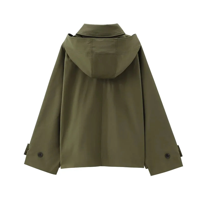 Kurze Jacke mit Kapuze für Damen, lockere Passform, olivgrün