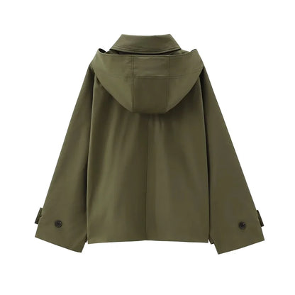 Kurze Jacke mit Kapuze für Damen, lockere Passform, olivgrün