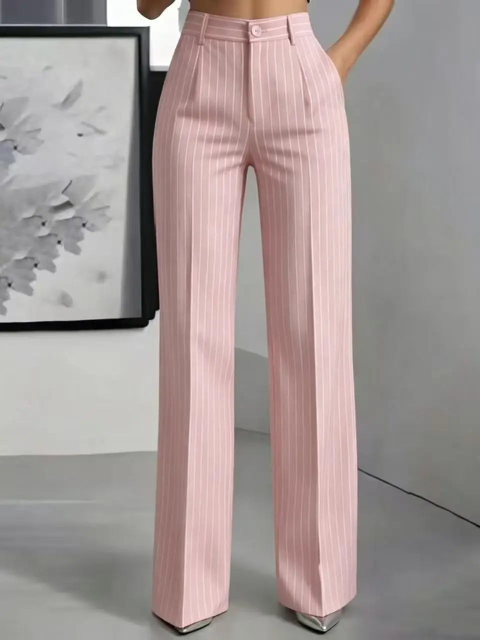 Damen High-Waist Stoffhose mit weitem Bein und Nadelstreifen