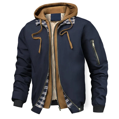 Herren Bomberjacke mit Kapuze und Karofutter Schwarz