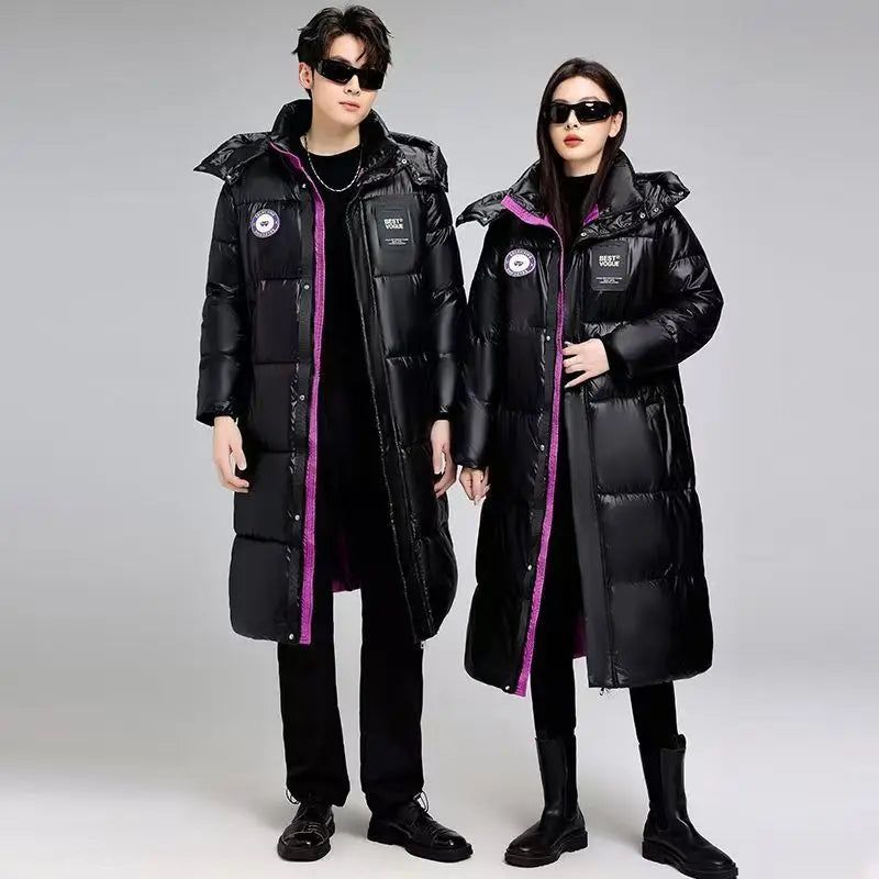 Unisex Langer Steppmantel Schwarz mit Kapuze und Reißverschluss, Wintermantel für Damen & Herren