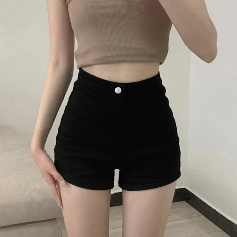 Damen High Waist Shorts Schwarz mit Knopfverschluss