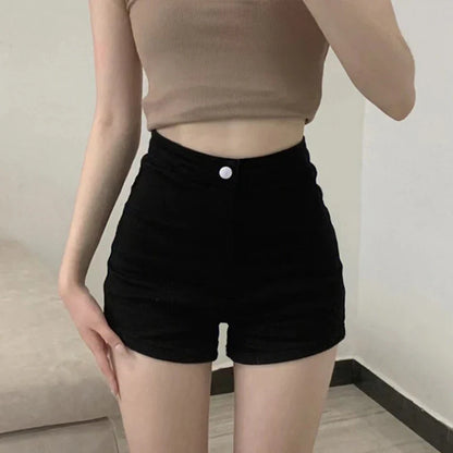 Damen High Waist Shorts Schwarz mit Knopfverschluss