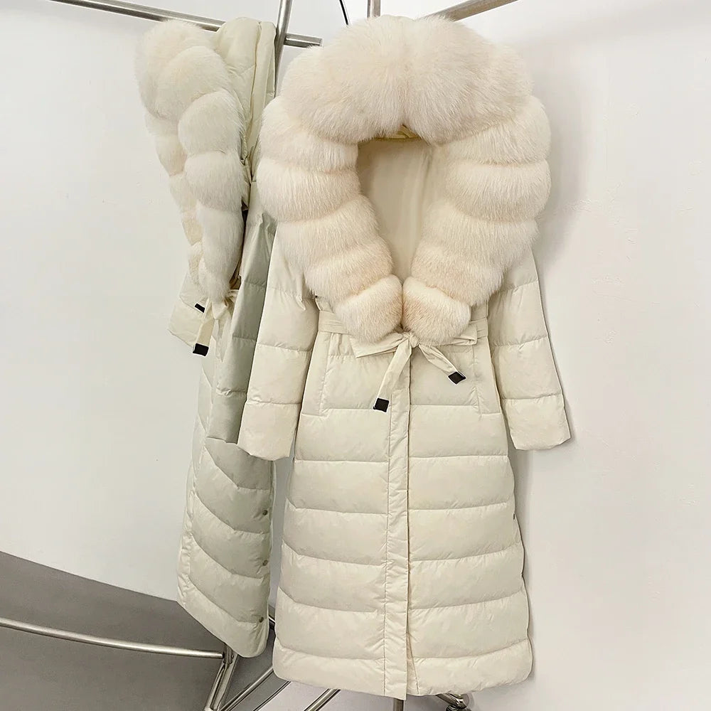 OFTBUY Grote Echte Vos Bontkraag X-Lange Puffer Jas Vrouwen Capuchon Winter Witte Eend Down Jas Dikke Vrouwelijke parka Met Riem