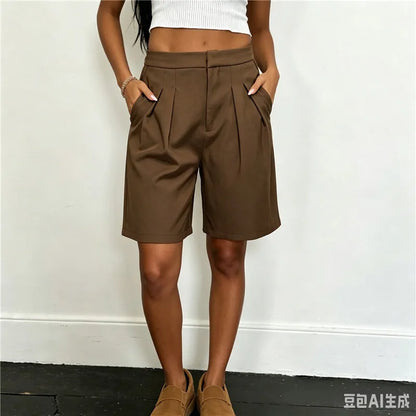 Damen Bermuda Shorts mit Bundfalten und weitem Bein